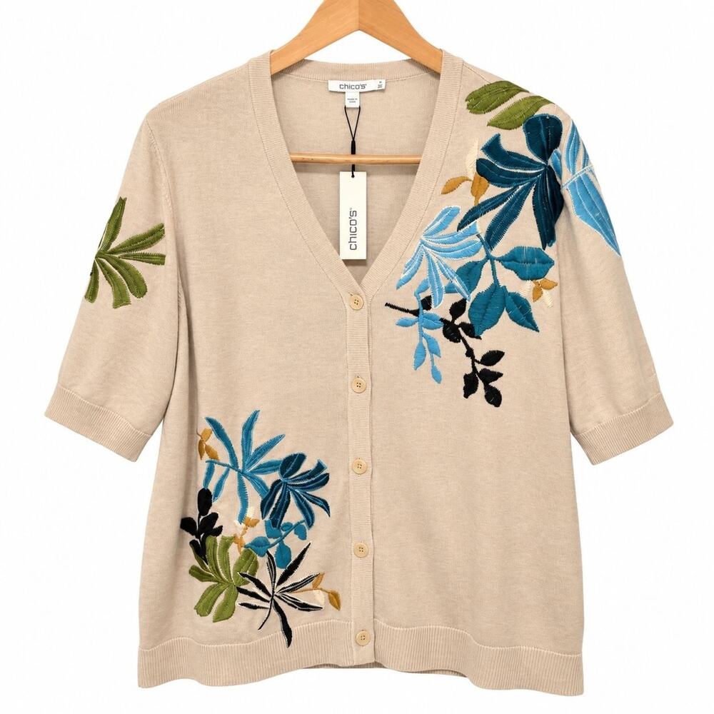 Chicos Cardigan Womens Plus Size 2XL Beige Floral Embroidered Short Sleeve NWT